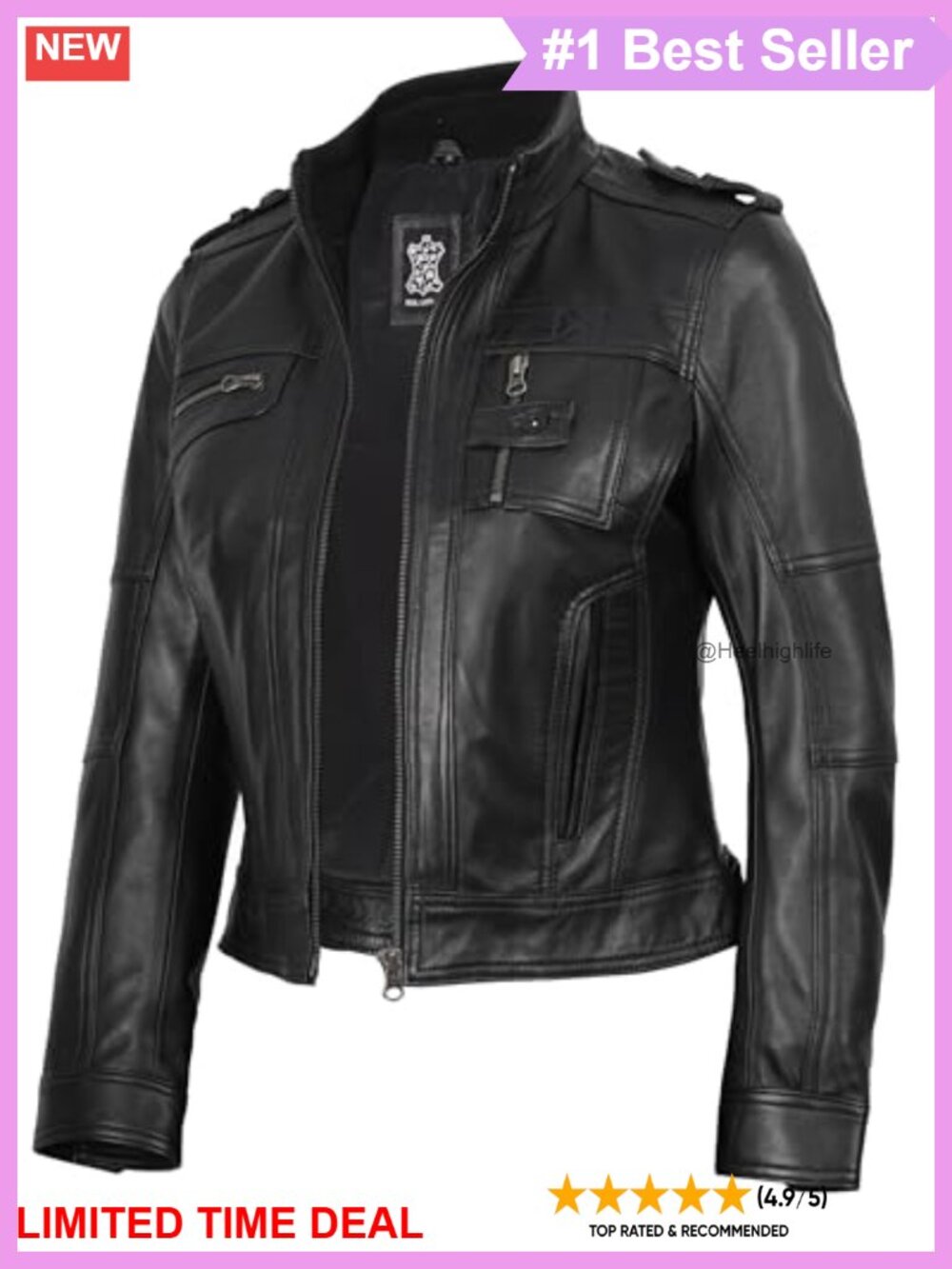 Decrum Real Leather Jacket Wome Cafe Racer Moto Style with Rib Knit Collar